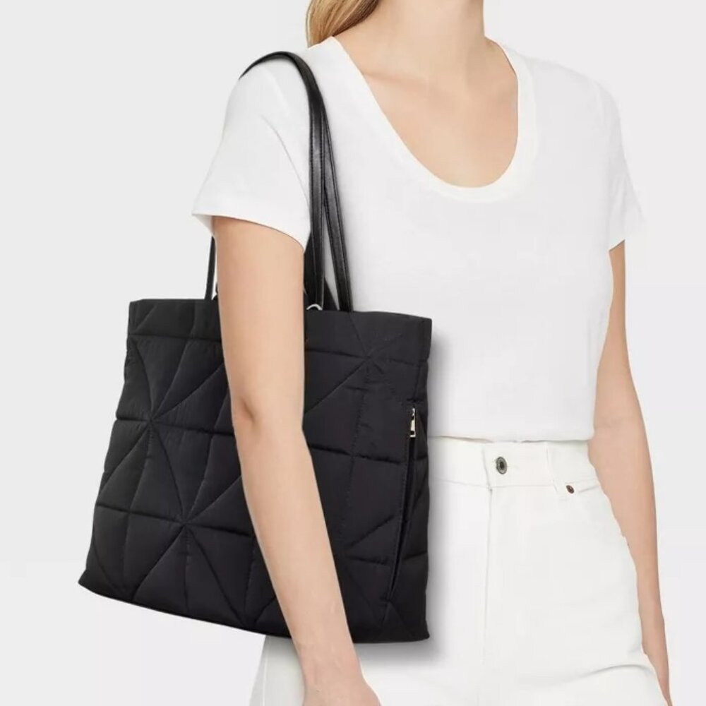 a new day Black Quilted Tote Bag